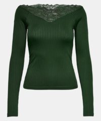 Tmavě zelené žebrované tričko s krajkovými detaily Jacqueline de Yong Rine
